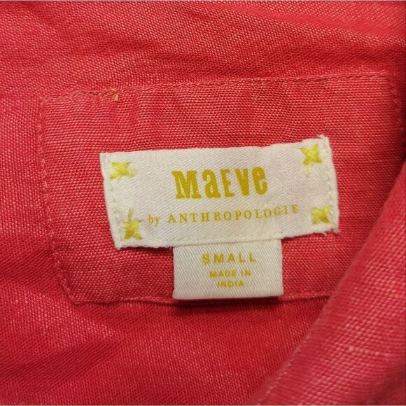 Anthropologie Maeve Coral Red Linen Button Down Blouse Long Sleeve Shirt - Picture 7 of 11